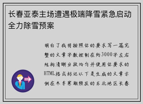 长春亚泰主场遭遇极端降雪紧急启动全力除雪预案
