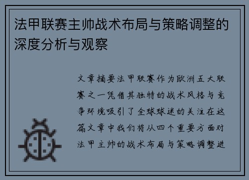 法甲联赛主帅战术布局与策略调整的深度分析与观察